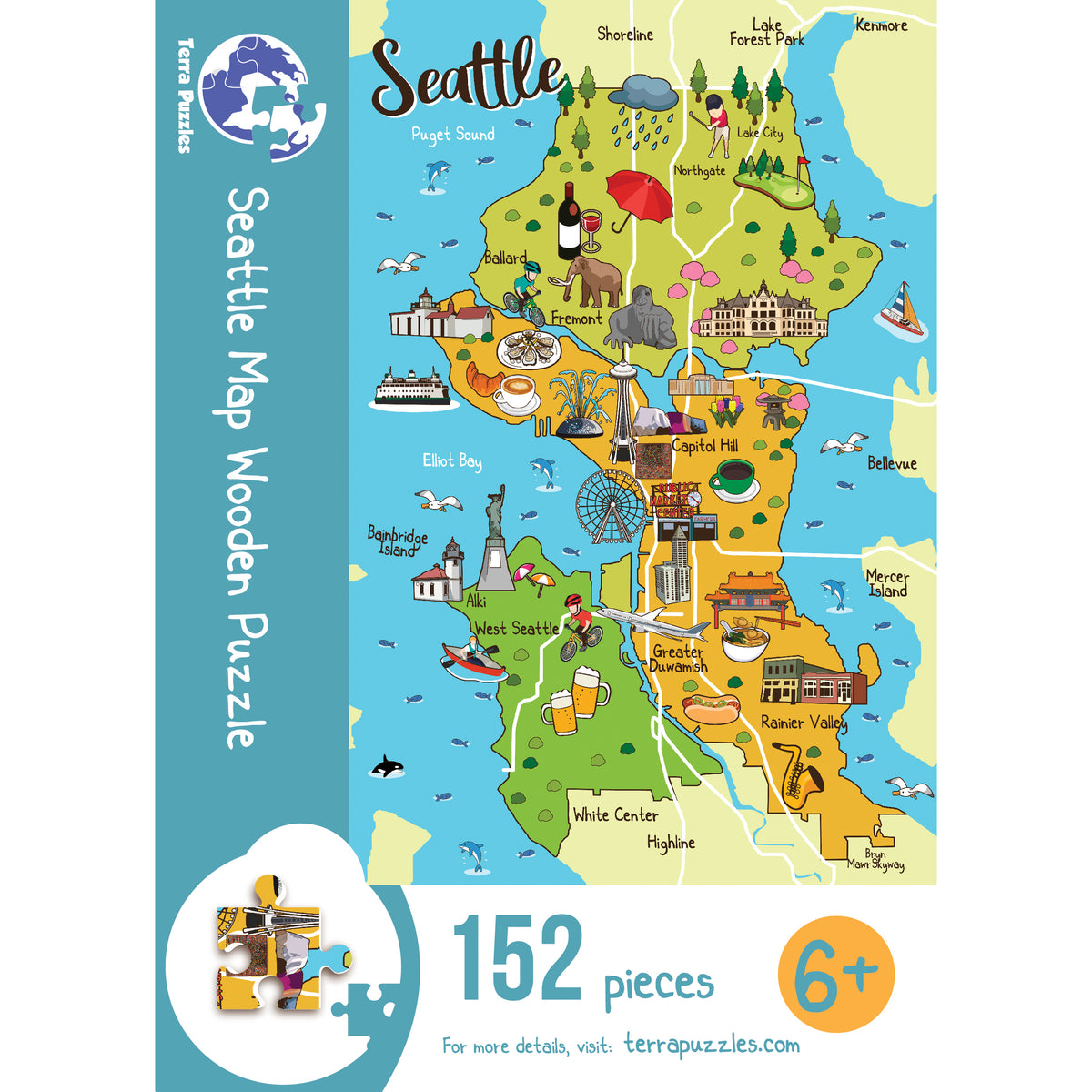 Seattle Illustrated Map Wooden Jigsaw Puzzle for Children and Adults
