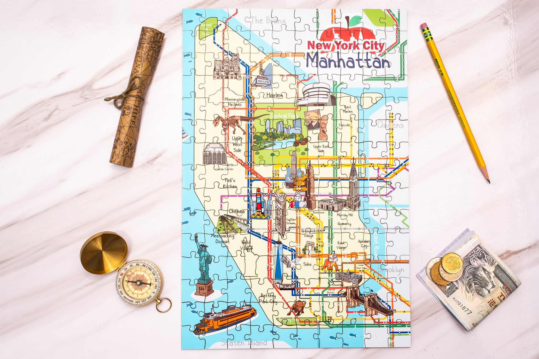 New York Manhattan Subway Illustrated Map Wooden Jigsaw Puzzle for