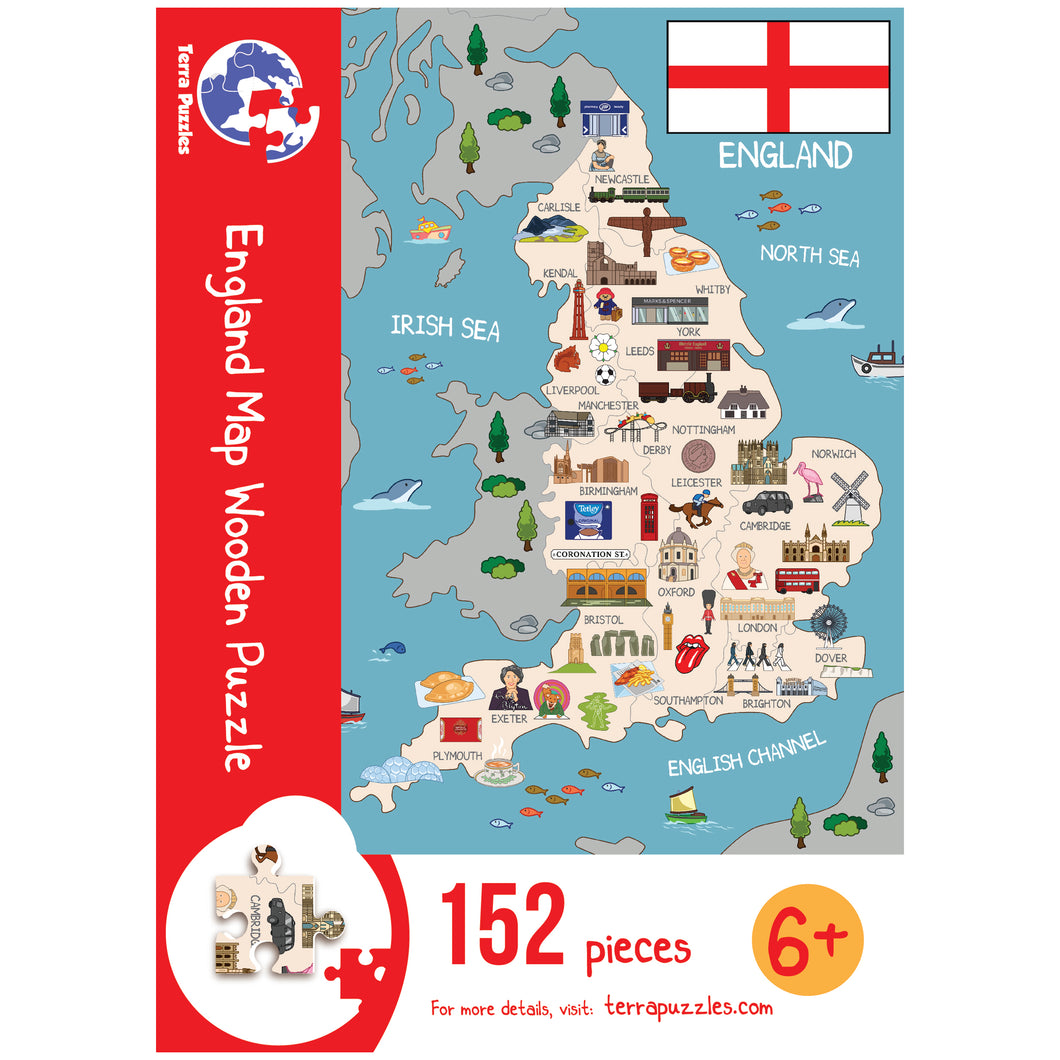 England Illustrated Map Wooden Jigsaw Puzzle for Children and Adults - 152-Piece