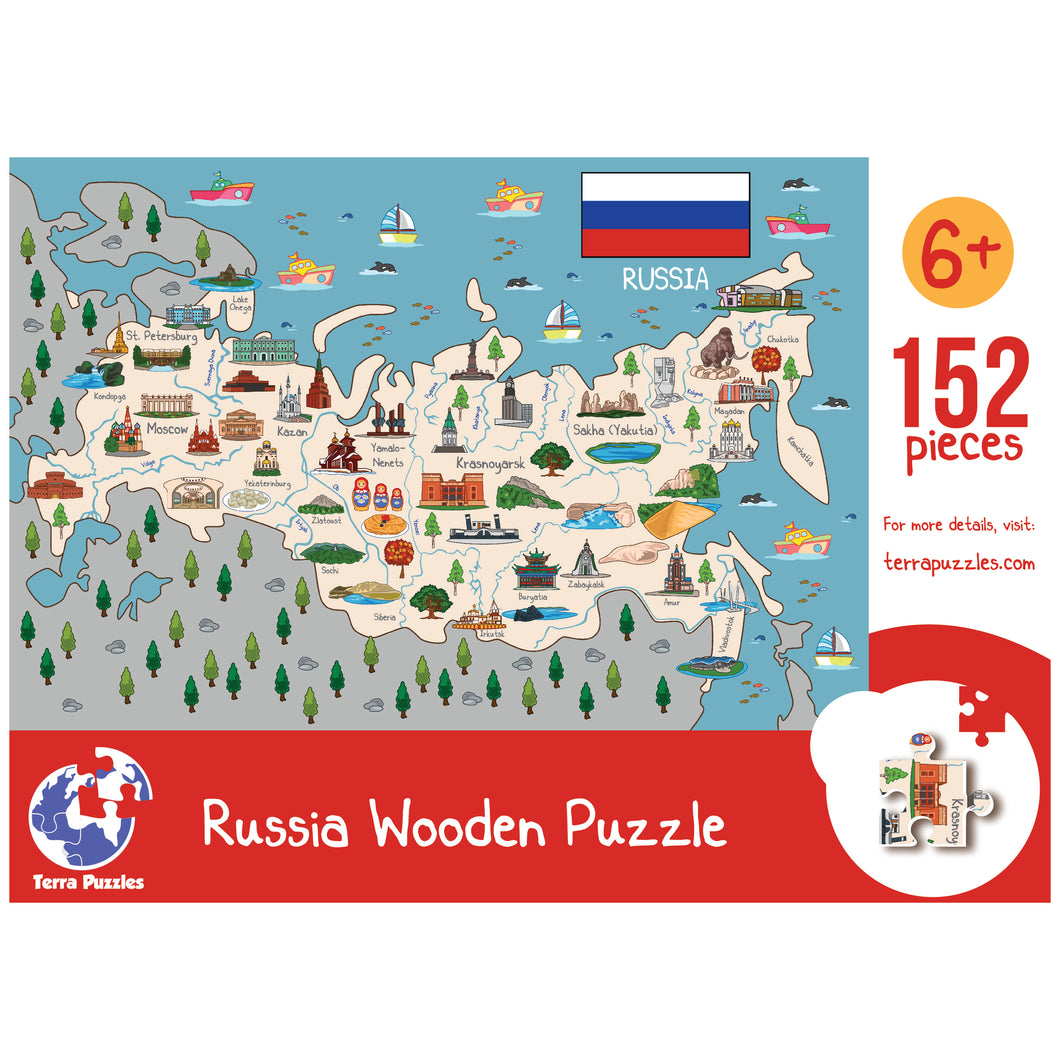 Russia Illustrated Map Wooden Jigsaw Puzzle for Children and Adults - 152-Piece