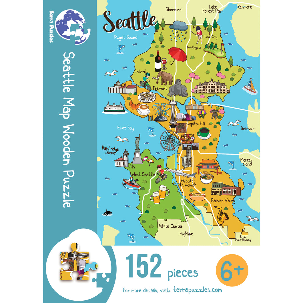 Seattle Illustrated Map Wooden Jigsaw Puzzle for Children and Adults - 152-Piece