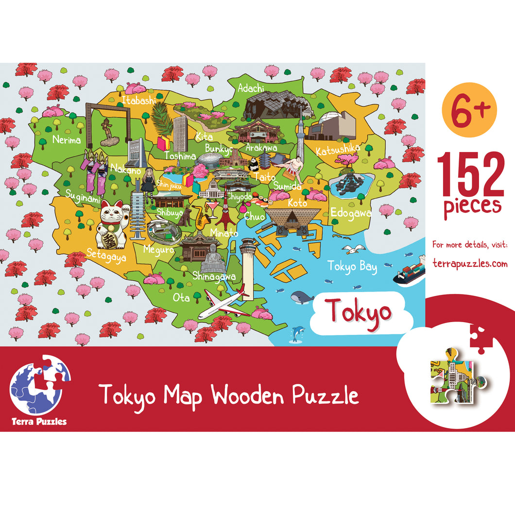 Tokyo Illustrated Map Wooden Jigsaw Puzzle for Children and Adults - 152-Piece