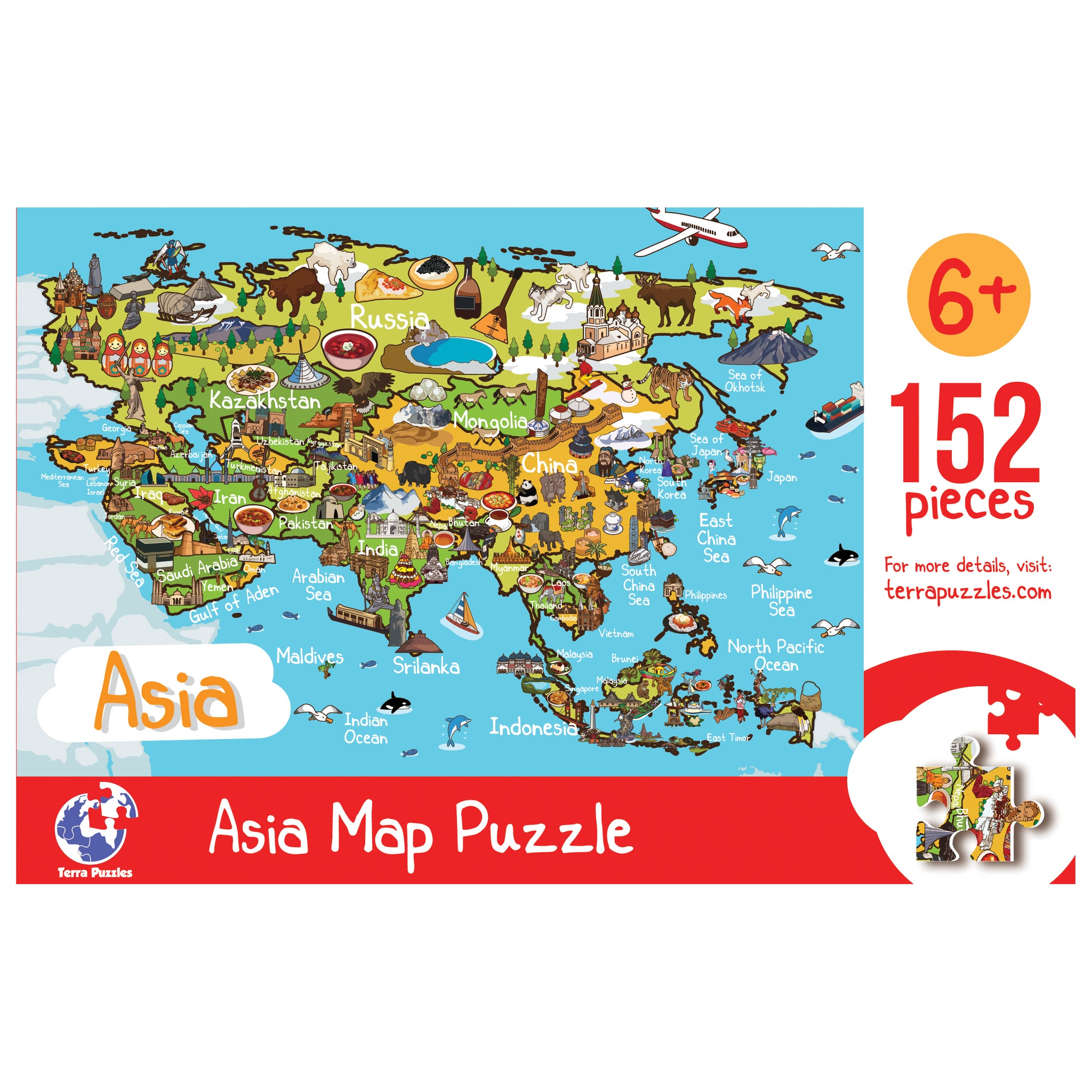 Asia Illustrated Map Wooden Jigsaw Puzzle for Children and Adults
