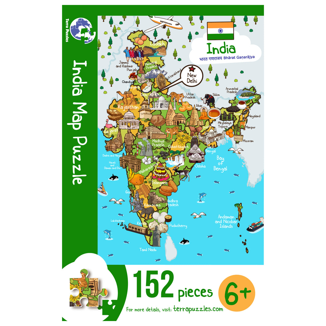 India Illustrated Map Wooden Jigsaw Puzzle for Children and Adults - 152-Piece