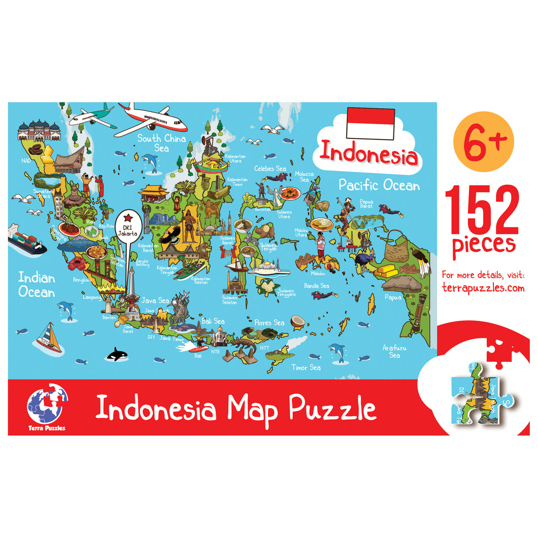 Indonesia Illustrated Map Wooden Jigsaw Puzzle for Children and Adults - 152-Piece