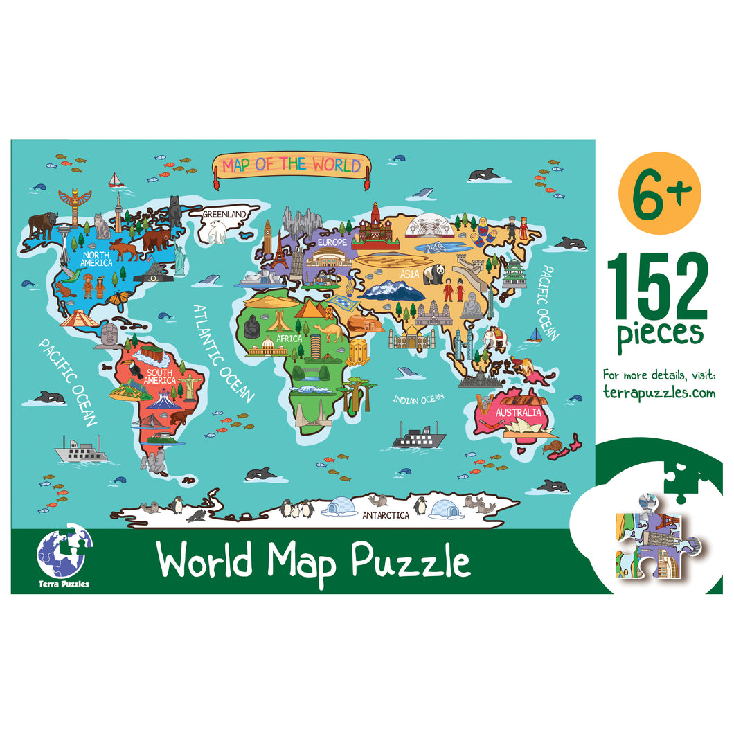 World Illustrated Map Wooden Jigsaw Puzzle for Children and Adults - 152-Piece